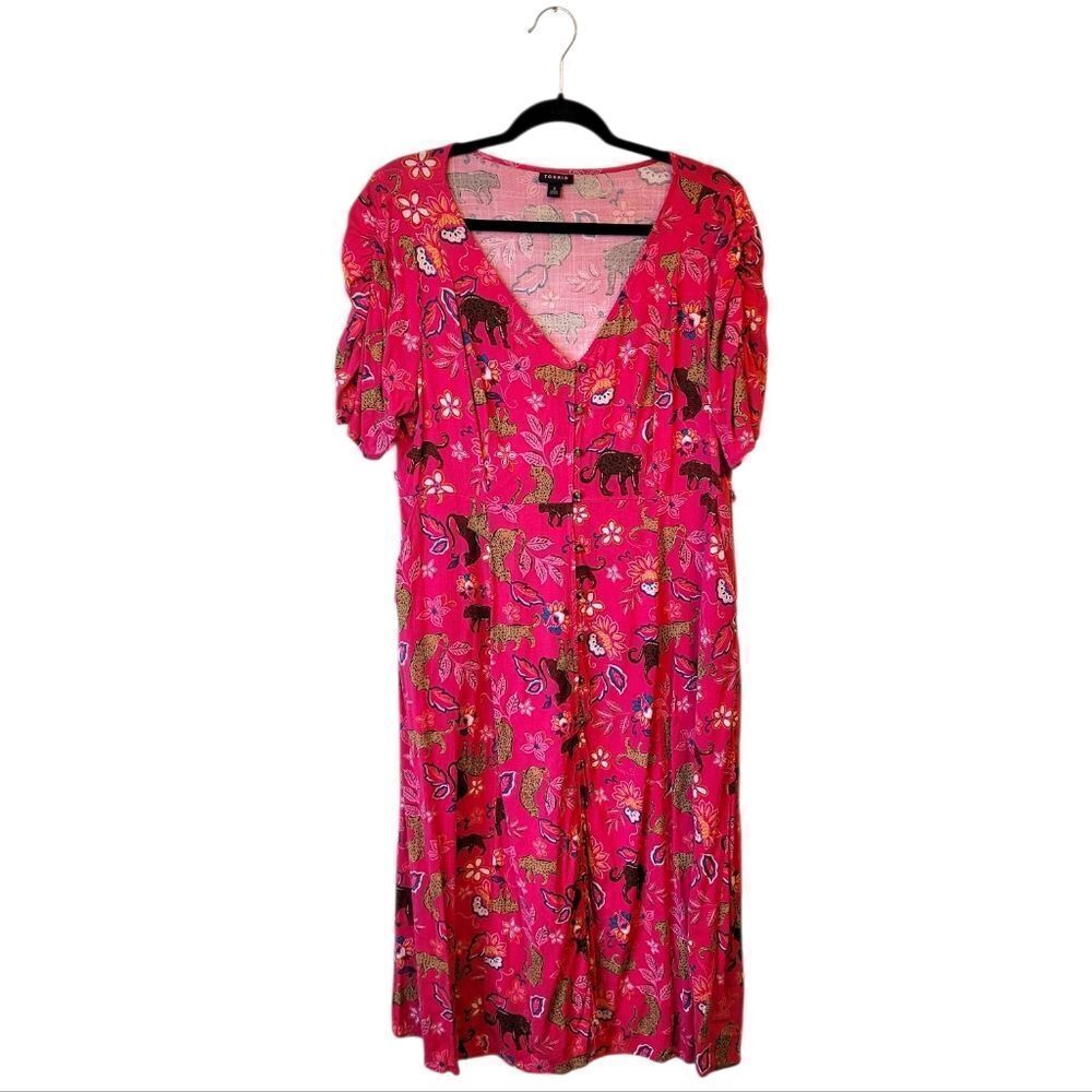 Torrid Bright Pink Leopard Print Button Front Midi Dress Women's Size 0X